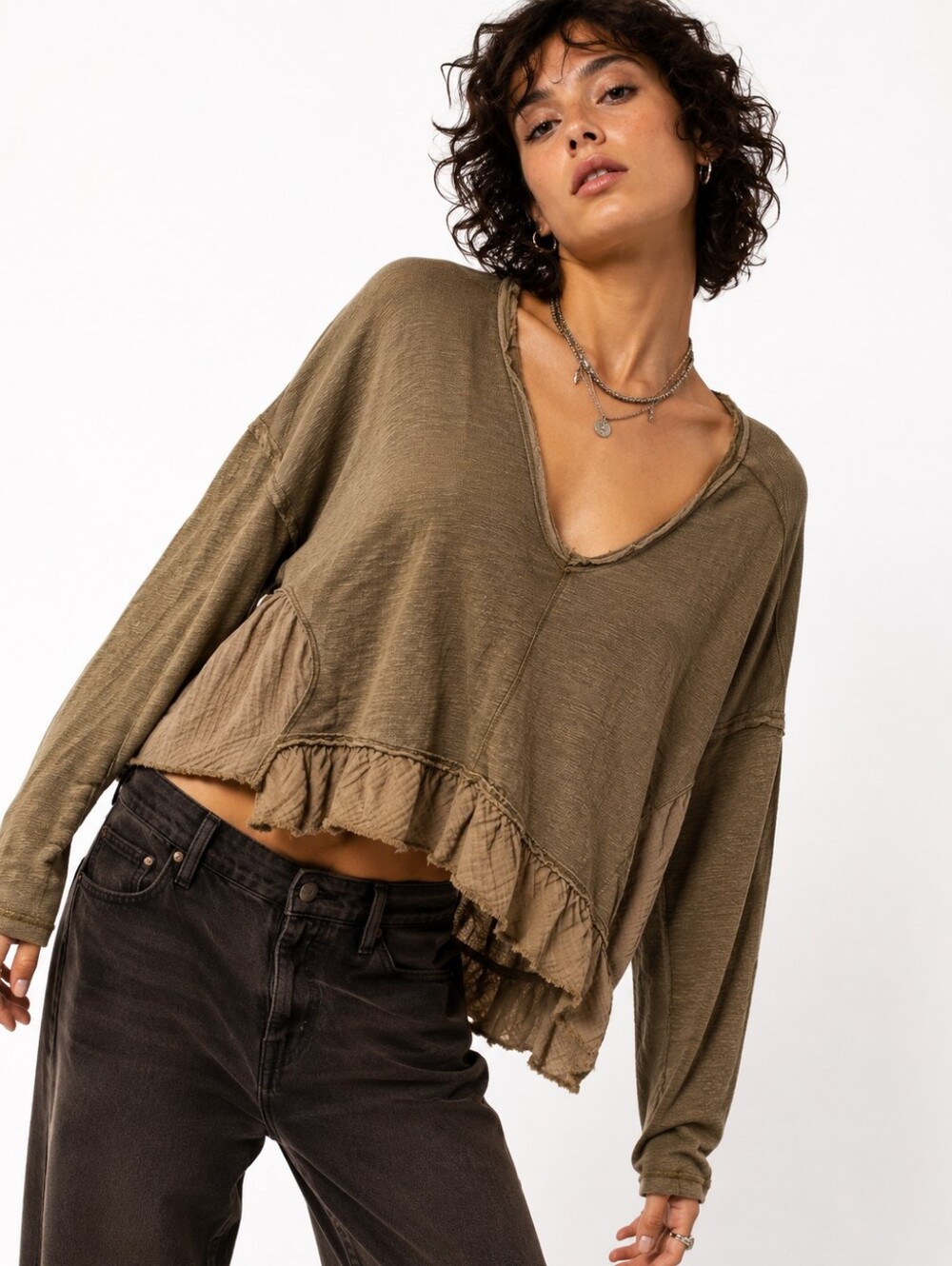 Pilcro Anthropologie Olive Mixed Media Ruffle Hem V-Neck Top Medium - Picture 1 of 5